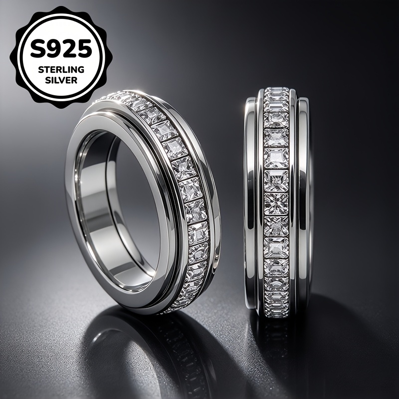 S925 Silver Rotatable Ring with Synthetic Zirconia, Unisex